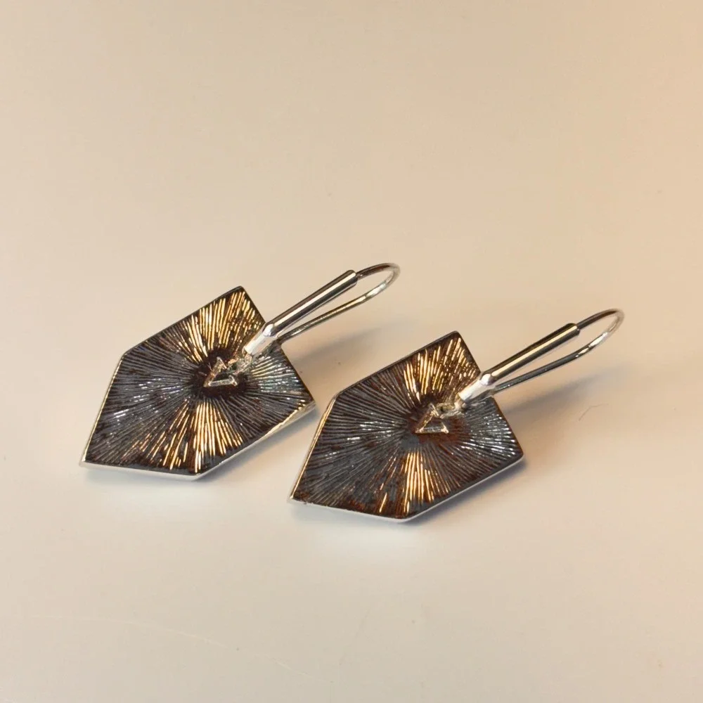 Geometric Shield Drop Earrings White Marble Silver Tone Boho Statement Modern
